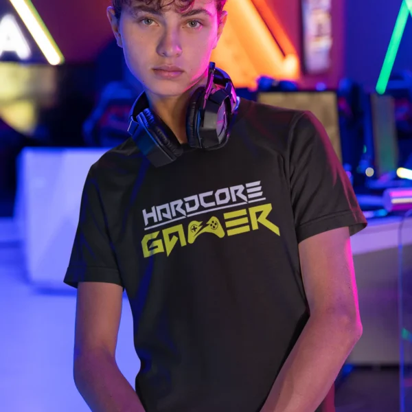 t-shirt-mockup-of-a-gamer-posing-at-a-gaming-arena-m28527 Hardcore Gamer T-shirt